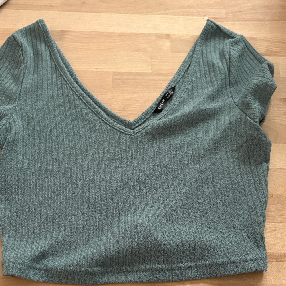 SHEIN Ribbed V-Neck Crop Top - Teal